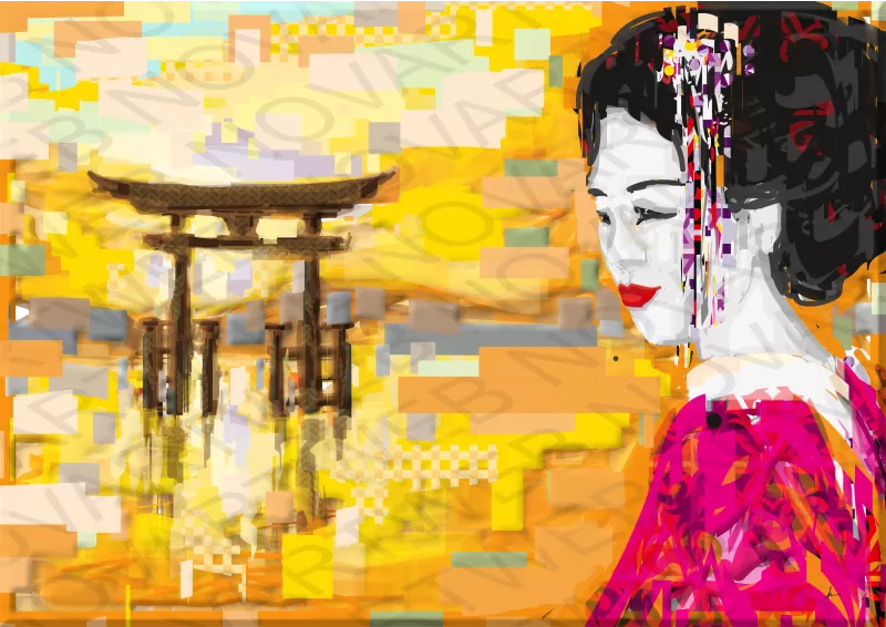 «SANTUARIO ITSUKUSHIMA» en Japón, conocido como el Torii flotante. La obra muestra la belleza de una geisha en primer plano, aportando elegancia y misterio a la escena en esta sagrada isla en Hiroshima.
