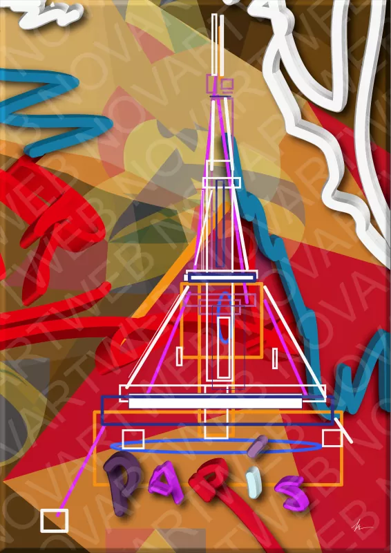Simples Perspectivas te lleva a un viaje visual único por París, donde la Torre Eiffel se alza como protagonista silenciosa. Desde la base, la torre asciende con elegancia, impregnando la obra de un romanticismo que conecta con el alma de la ciudad del amor. Símbolos, colores y letras en 3D tejen una mágica conexión visual que te transporta al destino deseado del mundo.