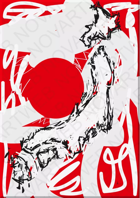 «Sol Naciente»: Mezcla abstracta del mapa y bandera de Japón. Líneas y formas sugieren la topografía y el simbolismo, evocando la complejidad y riqueza del país del sol naciente.