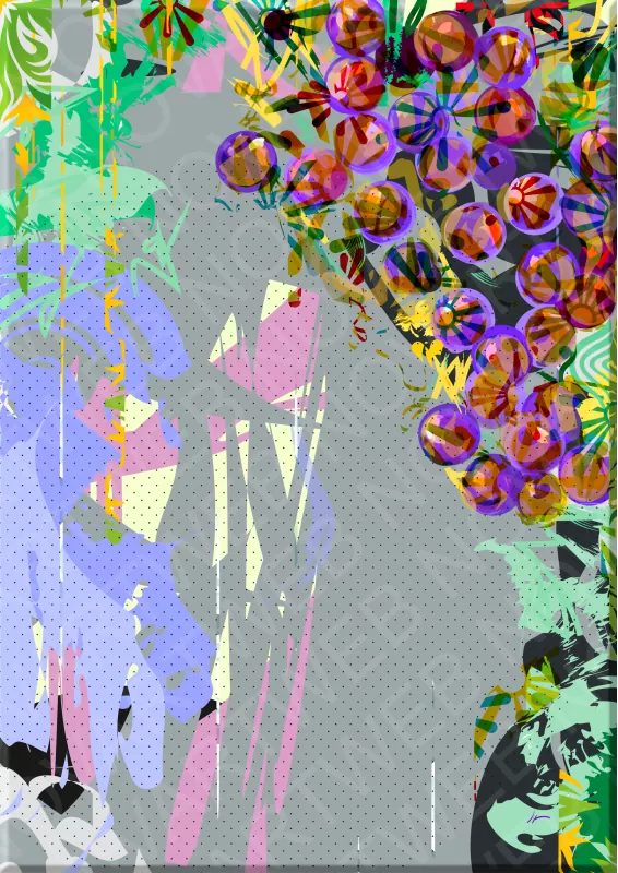 "SOMBRAS DEL ENVEJECIMIENTO" despliega una composición con uvas expresionistas flotando en un espacio de pinceladas intensas. Patrones de puntos añaden profundidad, y la superposición de elementos visuales desencadena una explosión de emociones.