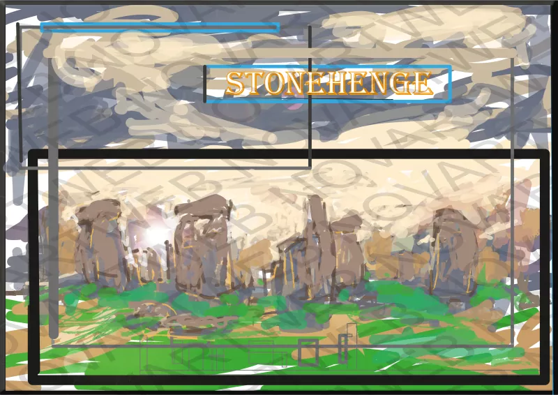 Pintura de Stonehenge que transmite su misterio. El cielo gris y los tonos sombríos sugieren un día nublado. La pincelada difusa agrega un toque de misterio acorde al tema. Reino Unido.