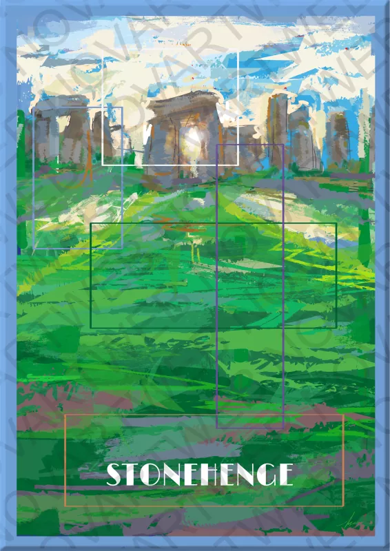 Pintura de Stonehenge, famoso monumento prehistórico en la llanura de Salisbury, Inglaterra. Los megalitos evocan una atmósfera enigmática y fascinante, rememorando antiguos rituales y ceremonias en el sitio. Reino Unido.