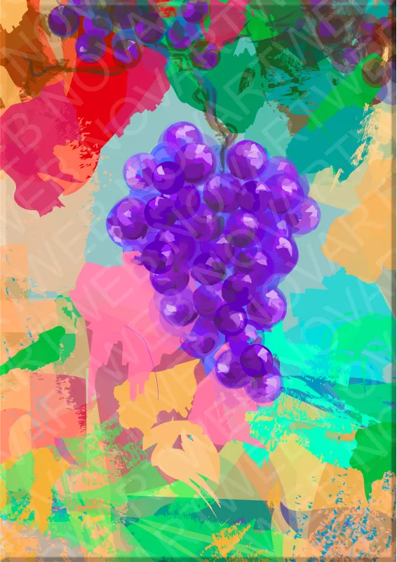 "SUEÑO CUMPLIDO" representa un racimo de uvas. El racimo tiene un aspecto tridimensional y está iluminado con una luz cálida. La técnica de pintura mezcla detalles precisos con áreas abstractas y sueltas.