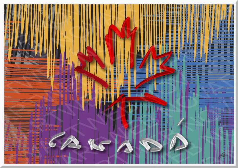 "DREAMS OF MAPLE" creates a composition with lines in all directions and a variety of colors that generate a joyful playfulness. The main focus is on a three-dimensional maple leaf in shades of red, with the word "Canada" in white at the bottom, highlighting the national identity.