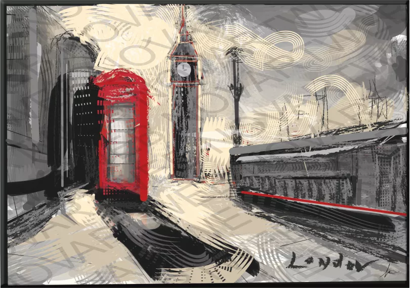 "TELEPHONE LONDON" Esta pintura que captura el espíritu de Londres. Tonos grises y una cabina telefónica roja brillante destacan en este paisaje urbano nostálgico. La obra transmite una sensación de soledad y belleza atractiva para el espectador. Reino Unido.