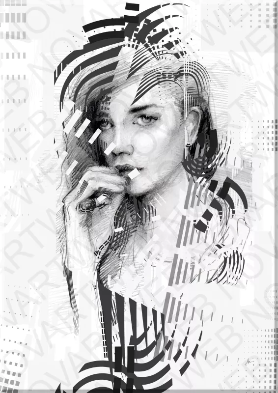 "TENDENCIA" retrata un rostro femenino que ilustra una evolución constante, donde el lápiz y lo digital se entrelazan para explorar diversas direcciones y crear un lenguaje visual único. La joven, con una mirada reflexiva y su mano acariciando suavemente los labios, emana una sensación de feminidad.