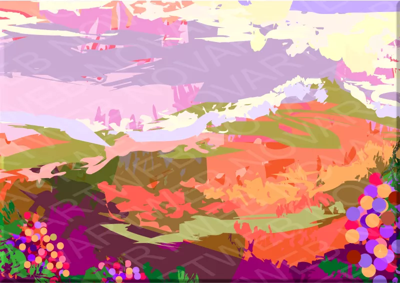 "TERROIR" presenta un paisaje dinámico con formas audaces y manchas abstractas que reflejan la tierra de los viñedos. En el primer plano, las formas redondas representan uvas, creando una visión única y directa de este mundo vinícola.