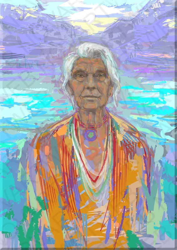 "TESTIMONIOS" visualiza a una anciana nativa de Australia en un contexto contemporáneo, con su figura central y estática como si quisiera comunicar un mensaje al espectador. Los colores vivos que la rodean contrastan con su serena presencia. La naturaleza que la envuelve parece renovarse, mientras que ella personifica el paso del tiempo.