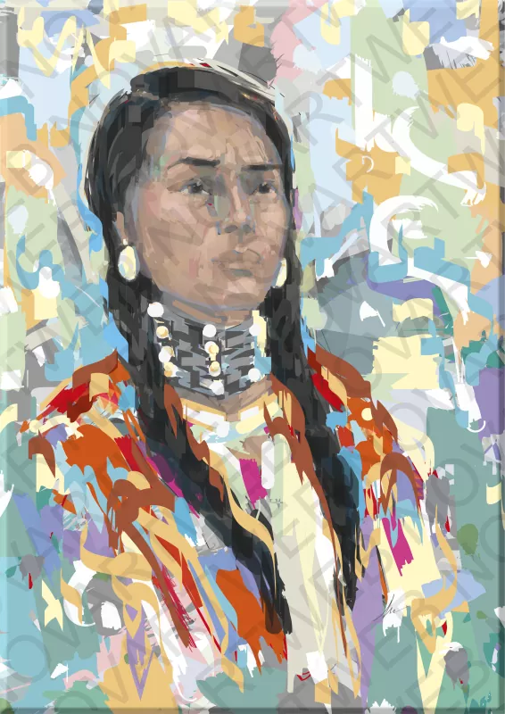 "PAST TIME" depicts an indigenous Canadian woman radiating a deep respect for traditions and community cohesion. In a serene and solemn pose, the woman expresses herself candidly, revealing the connection between the perpetuity of time and the preservation of history.