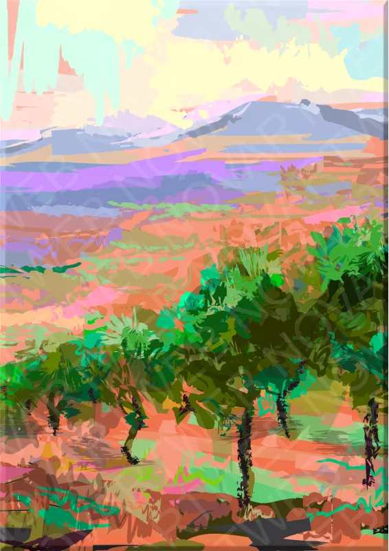 "TIERRA DE PARRAS" muestra un paisaje rural con vides sobre un terreno ondulado, iluminado por la luz del amanecer en tonos pastel. Las montañas se difuminan en violetas y azules, mientras las cepas verdes destacan sobre la tierra rojiza, creando una atmósfera tranquila y serena.