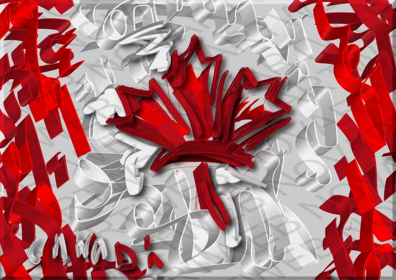 "NATAL LAND" is a unique interpretation of the Canadian flag. The three-dimensional squiggle plays with shades of red, creating an elegant interplay between light and shadow. The chromatic overlap in the lettering of "Canada" adds complexity, highlighting the diversity of Canadian identity in this original work.
