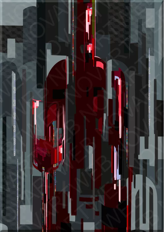 "TINTO DESGARRADO" muestra una composición abstracta de formas geométricas irregulares con una rica paleta de rojos intensos y oscuros. Los elementos parecen surgir de un estado fragmentado, generando una tensión visual que recuerda a una ciudad oscura reflejada en cristal roto.
