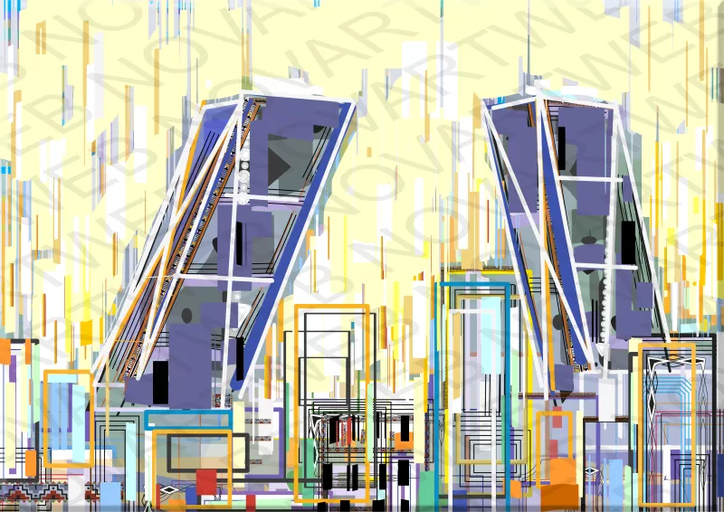 "TORRES KIO" projette l'essence symbolique de Madrid et de l'Espagne à travers une composition lumineuse. Les formes géométriques dominent la scène, dialoguant entre la modernité et le contexte urbain, avec une palette de couleurs qui met en valeur les célèbres tours penchées, redéfinissant la ligne d'horizon de la ville.