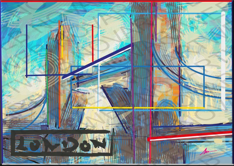 Pintura de «TOWER BRIDGE», estructura emblemática de Londres. Composición que evoca la energía de tonos cálidos de naranja y amarillo, mezclados con tonos fríos de azul y verde. Sensación de movimiento y fluidez, con capas de pintura superpuestas y mezcladas, creando un ritmo en la abstracción. Reino Unido.