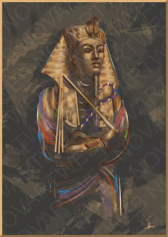 Pintura titulada 'TUTANKAMÓN'. Muestra el sarcófago de oro brillante en medio de un fondo abstracto que evoca la arena del desierto. El sarcófago emerge de la arena como un tesoro oculto durante siglos. El contraste entre la luz dorada del sarcófago y el fondo terroso del desierto crea una sensación de silencio.