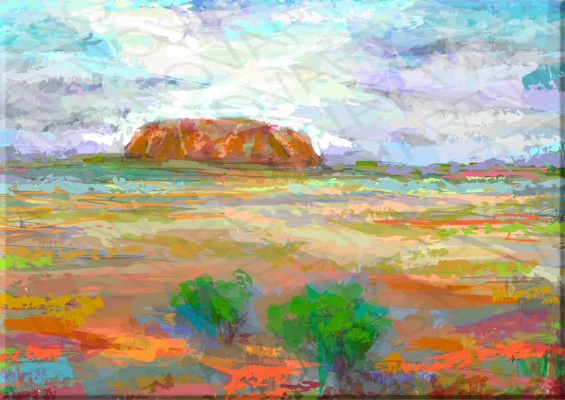 "ULURU" presenta un paisaje clásico que entabla un diálogo con colores y formas, recreando el sagrado desierto de Australia, donde los aborígenes encuentran su refugio espiritual. La obra busca inspirar admiración hacia la belleza a través del uso del color, infundiendo una energía pura, limpia y vivaz.