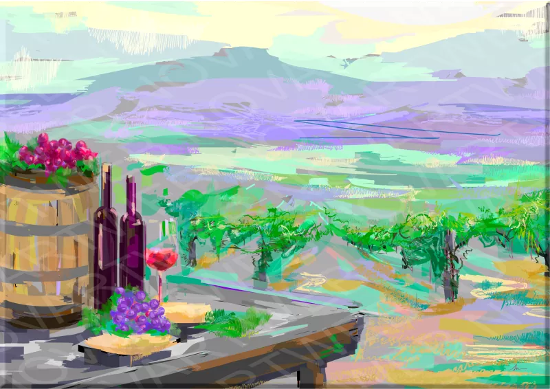 "UN MOMENTO DE RELAX" representa un tranquilo viñedo al atardecer, con una mesa rústica que exhibe uvas frescas, vino tinto y una copa lista para disfrutar. Al fondo, colinas ondulantes y viñedos se unen a un cielo pastel, transmitiendo calma y deleite en contacto con la naturaleza.