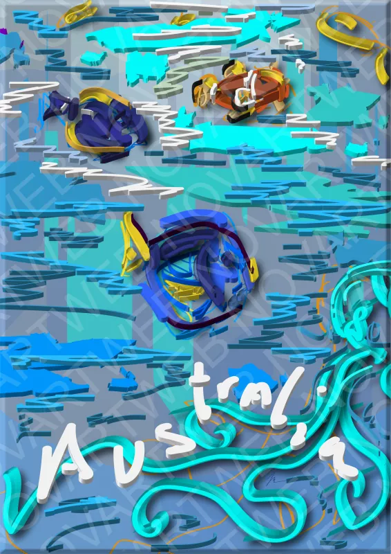 "UNIVERSO MARINO" transporta a una escena submarina donde un pulpo, representado en una simulación tridimensional, ocupa la parte inferior, mientras las letras 'Australia' se entrelazan juguetonamente entre sus tentáculos. En la parte superior, tres peces coloridos del ecosistema australiano nadan alegremente entre las aguas, creando una atmósfera llena de vida.