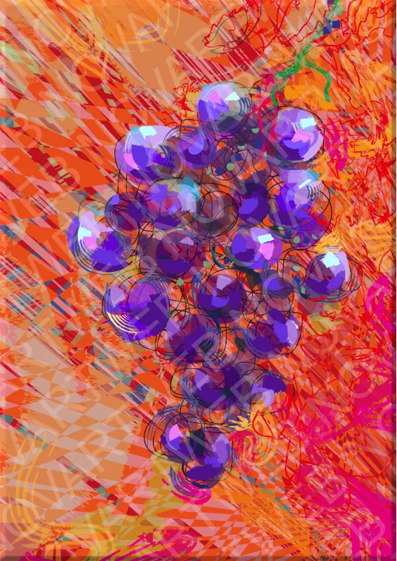 "UVA TINTA" es una composición que combina lo figurativo y lo abstracto. Un racimo de uvas púrpuras, con trazos llenos de energía, destaca sobre un fondo de naranjas, rojos y amarillos, transmitiendo vitalidad.