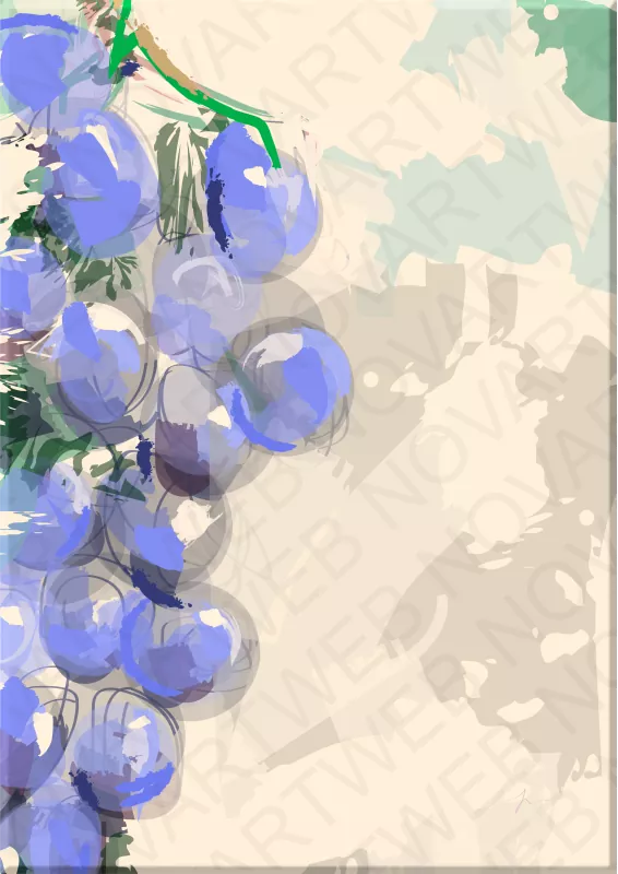 "UVAS ESBOZADAS" muestra un racimo azulado formado por círculos que contrastan con un fondo crema. Transparencias y formas abstractas se combinan para crear un equilibrio entre lo conceptual y lo figurativo, destacando su carácter único y expresivo.