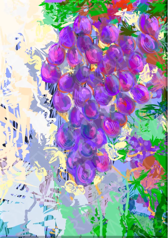 "VELOS DE LUZ" presenta un racimo de uvas ligeramente descentrado, pero dominante en la composición. Con pinceladas y manchas de color, la obra se adentra en la abstracción lírica, sugiriendo un instante fugaz donde la luz parece filtrarse a través de las uvas.