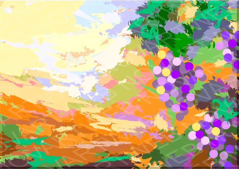 "VENDIMIA DE COLORES" combina tonos vivos y formas minimalistas para mostrar los viñedos desde una perspectiva distinta. Un racimo de uvas destaca en primer plano, creando una interpretación dinámica y fresca del paisaje vinícola.