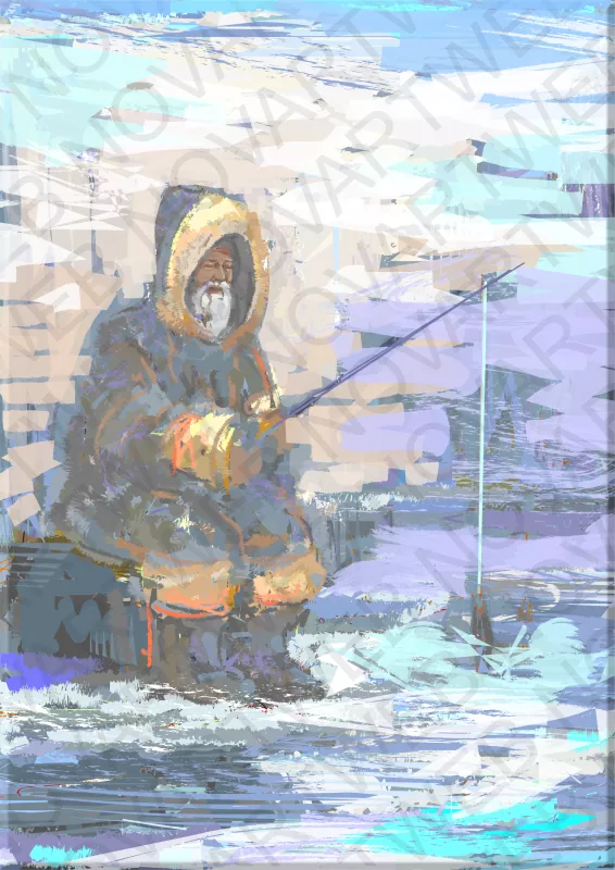 "LIFE IN THE ICE" shows the silence of the Canadian Arctic. An Inuit elder is immersed in the stillness of the frozen immensity. At the end of his rod, among the brittle ice, emerges the fruit of his perseverance: a fish, caught after hours of waiting, symbolizing life in its purest state.