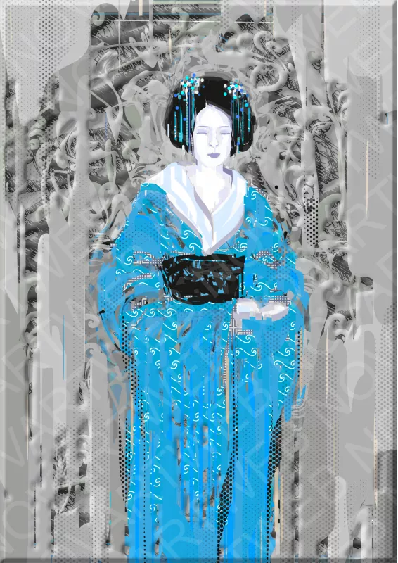 «VIDA»: Hermosa mujer japonesa vistiendo un delicado y elegante kimono azul claro, con detalles que reflejan su belleza sencilla. El fondo gris claro crea un contraste sutil, centrando la atención en la importancia de disfrutar la vida con gratitud en Japón.