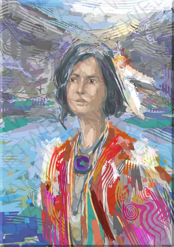 "VOICES FROM THE EARTH" recreates a journey to the heart of Canada. Between mountains and serene waters, a contemporary woman emerges, dressed in an indigenous costume. Her presence is the epicenter of the work, while her clothes flutter to the rhythm of the winds that whisper the secrets of nature.