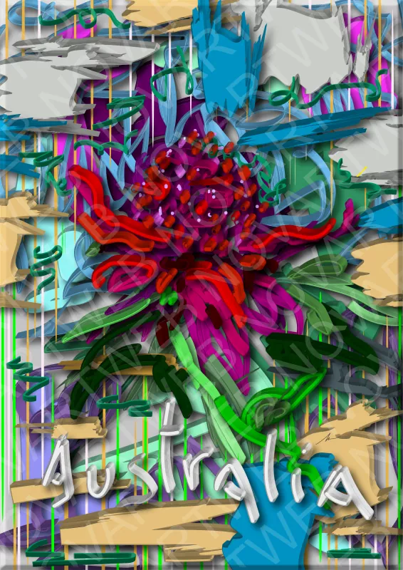 "WARATAH" se despliega como una expresión contemporánea, inspirada en la emblemática flor nativa del sur de Australia. A través de una representación tridimensional, la obra despierta el hábitat exuberante de los bosques húmedos donde habita esta flor, mientras que su distintiva cabeza roja se integra decorativamente en su entorno natural.