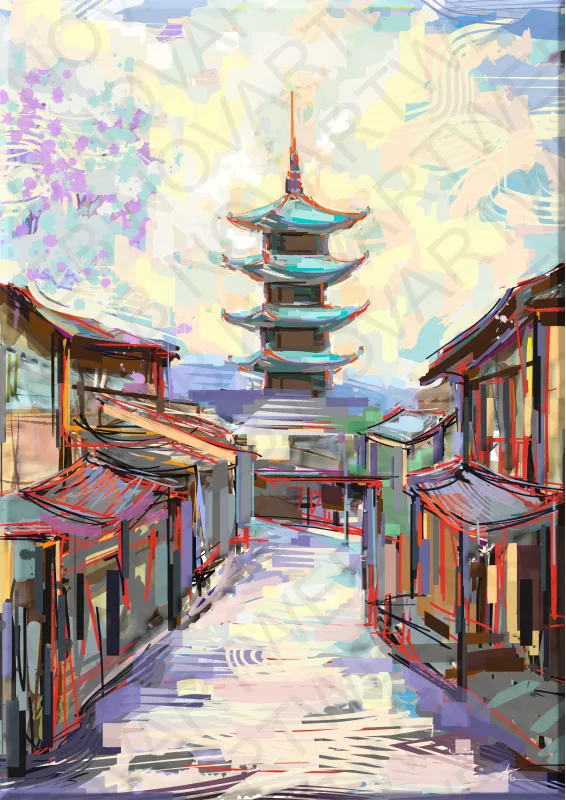 Pintura del santuario shintoísta en Kioto, Japón. Llena de vida con una gama de tonalidades cálidas y brillantes que iluminan el cielo, creando un efecto profundo, cálido y acogedor. La composición transmite serenidad y conexión con lo divino, reflejo de la espiritualidad japonesa.
