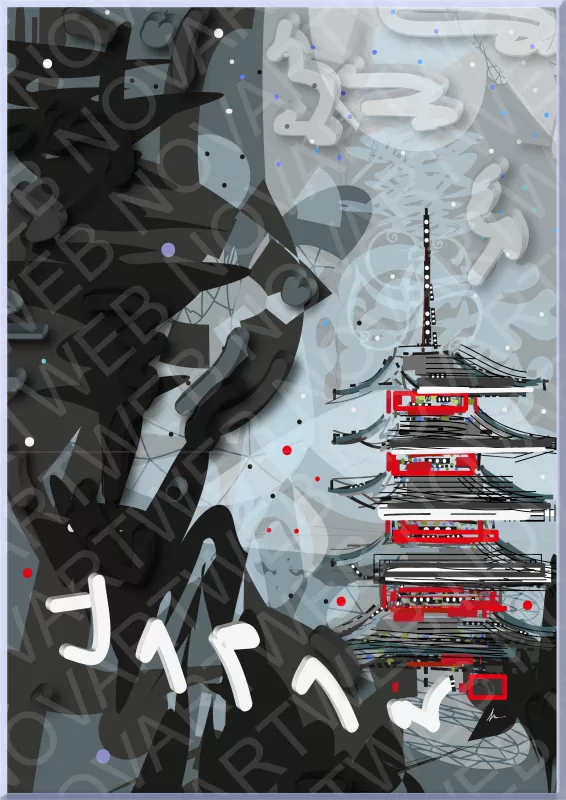 "ZEN JAPONÉS" visualiza un cartel abstracto que destaca la estética del equilibrio. Con su composición y paleta de colores, estimula la reflexión sobre el pensamiento espiritual. Esta obra fusiona la palabra "Japan" con una interpretación moderna, conectando la naturaleza con la esencia de una pagoda.