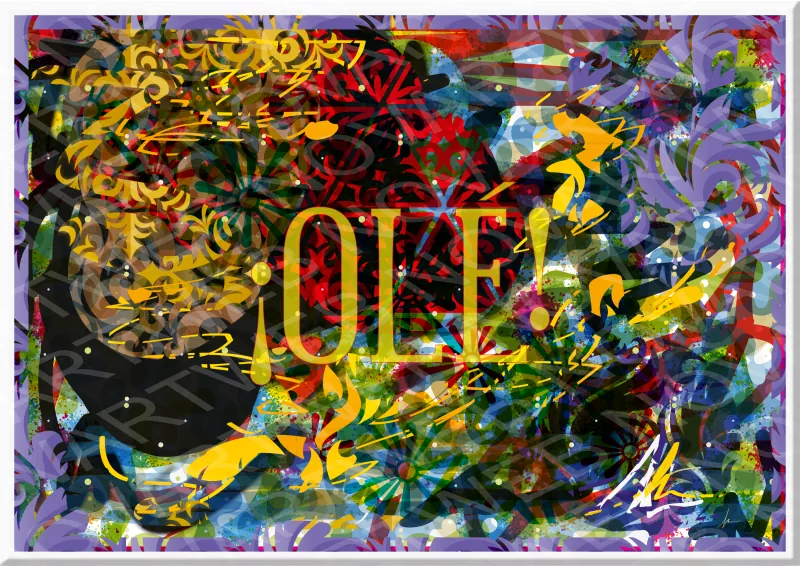 Peinture de distorsion de couleurs entrelacées avec le mot ¡Olé ! au centre, une explosion visuelle qui invite le spectateur à dire ¡Olé ! dans le style espagnol.