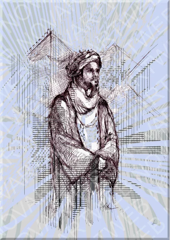 ETERNITY, serene portrait with Egyptian influences and pyramids in the background, made in mixed media with digital appearance.
