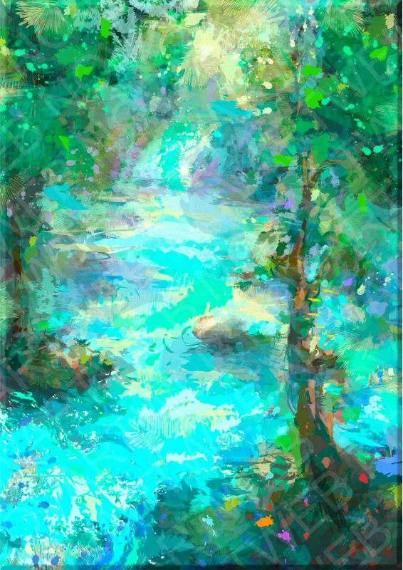 Contemporary painting on canvas Suspended Scene, water landscape under tree shade