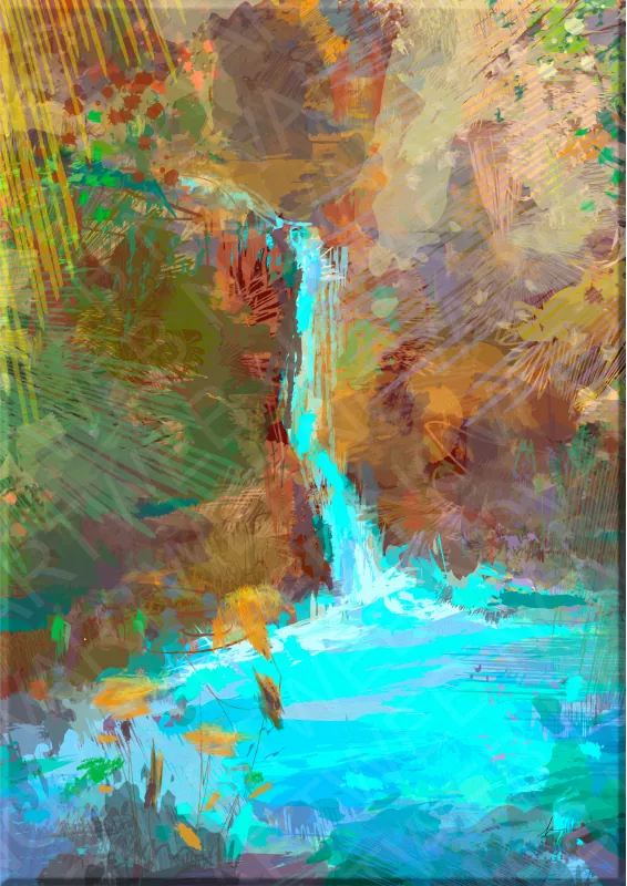 Exclusive painting on canvas Murmullo Cristalino, waterfall between rocks and flowers