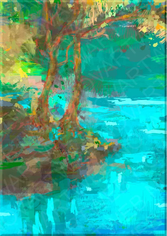 Natural landscape work on canvas Oasis del Rio, refuge of water and trees.