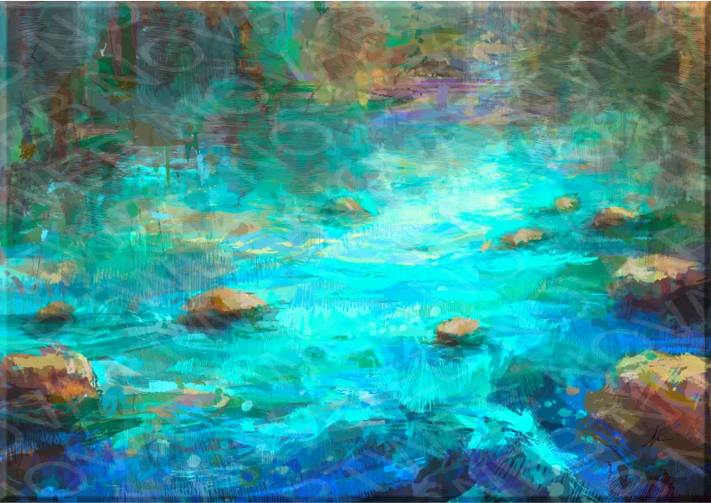 Contemporary painting on canvas Natural Radiance, illuminated river with turquoise shades