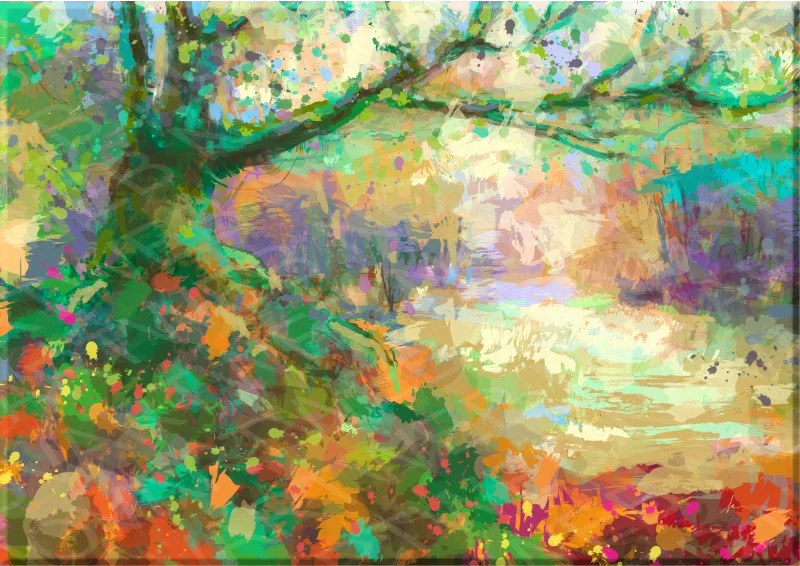 Exclusive painting on canvas The Embrace of the Forest, trees enveloping the walker