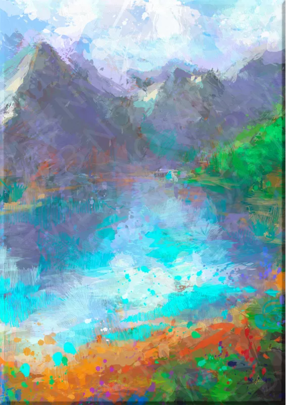 Nature artwork on canvas El Despertar del Valle, clear water surrounded by mountains