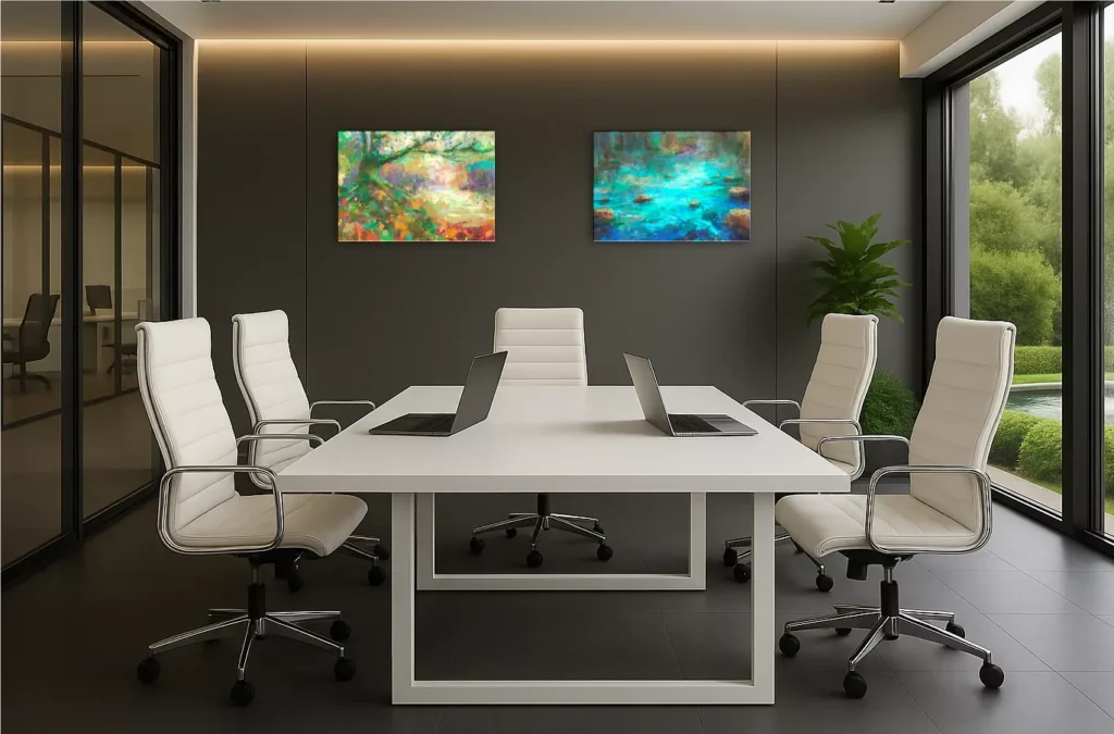 Modern office with works on canvas The Embrace of the Forest and Natural Splendor