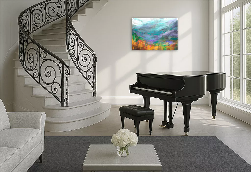 Living room with piano decorated with canvas work La Voz del Viento (The Voice of the Wind)