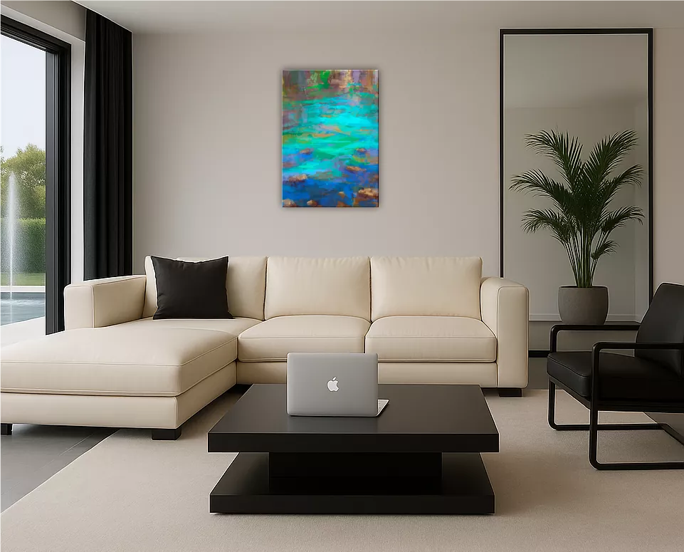 Living room decorated with the exclusive nature canvas painting Agua Tranquila (Still Water)