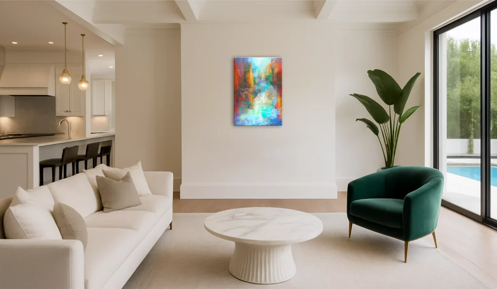 Contemporary living room with canvas painting Summer Farewell, warm natural landscape
