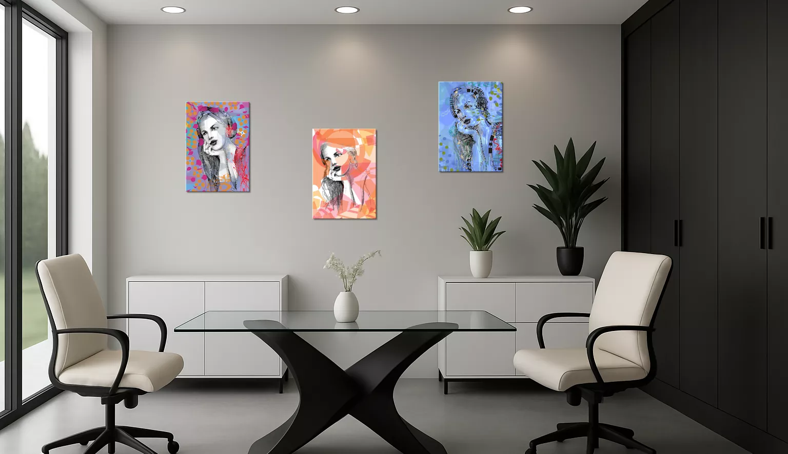 Oficina privada con los retratos artísticos digitales Anhelo, Daydream y Mirada de Sirena, obras que llenan el espacio de vida y emoción.