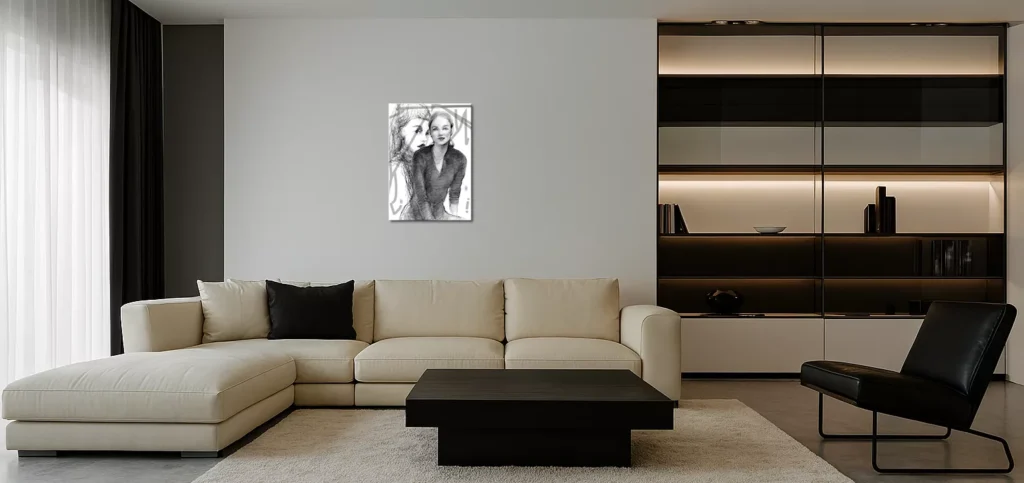 Salón contemporáneo con lienzo artístico «Dualidad femenina».