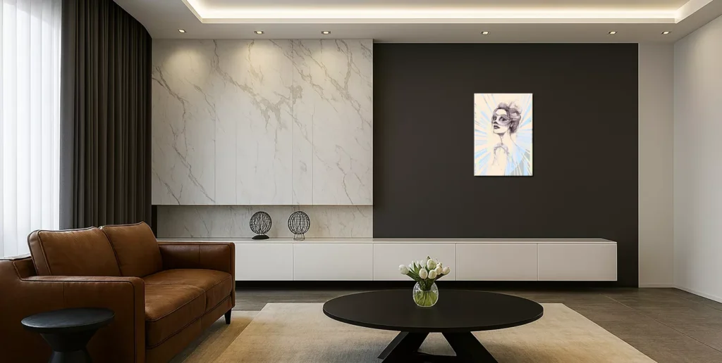 Salón elegante con diseño moderno y un retrato artístico en lienzo titulado «Sofisticada».
