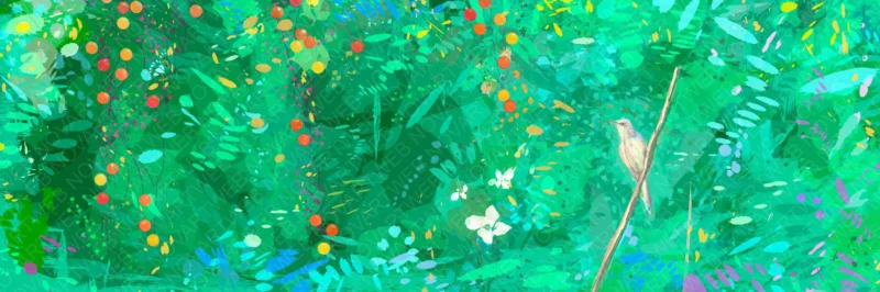 Image Abri naturel avec végétation dense, oiseau sur une branche et fruits chauds - art inspiré par la nature NOVARTWEB