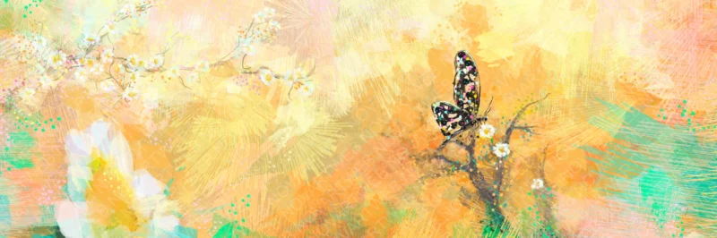 Tableau Fragilité ferme avec papillon sur branche et fleurs dans une lumière chaude - art inspiré par la nature NOVARTWEB