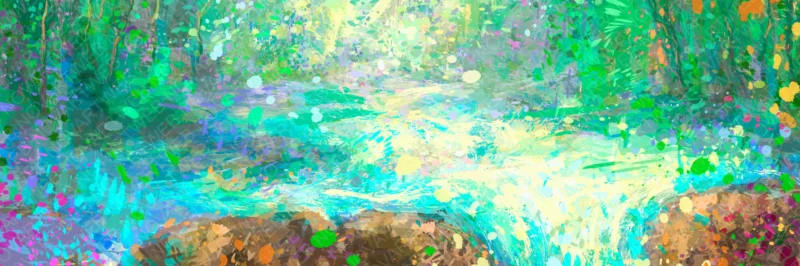 Photo Rénovation en mouvement avec cours d'eau turquoise entre rochers et végétation - art inspiré de la nature NOVARTWEB